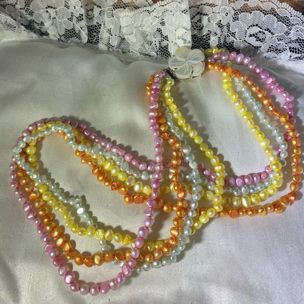 Multicolor Multistrand Real Pearl 18" Necklace with Floral Clasp